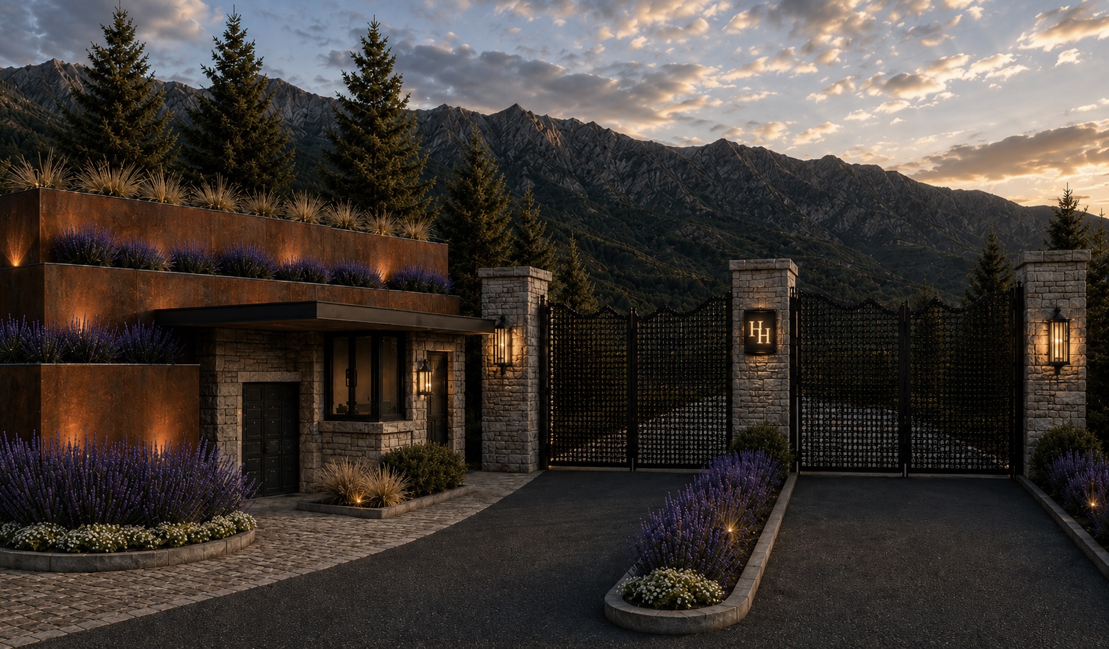 Hidden Hills gated entry at dusk