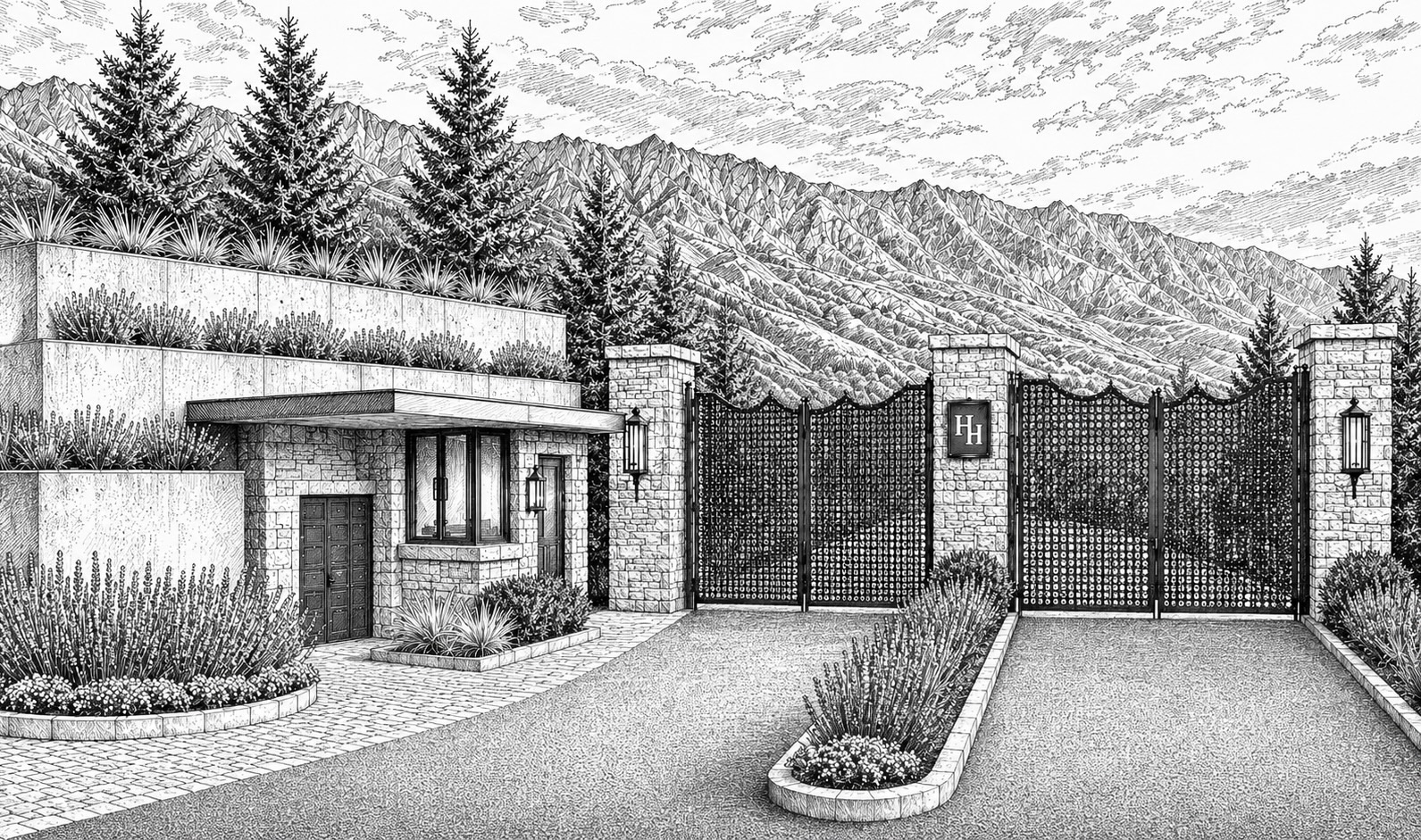 Hidden Hills gated entry — architectural rendering